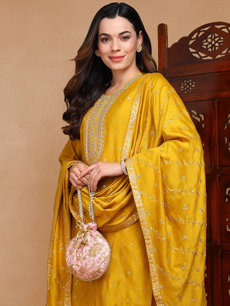 mustard color embroidered silk blend styles kurta palazzo with dupatta