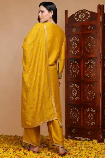 mustard color embroidered silk blend styles kurta palazzo with dupatta