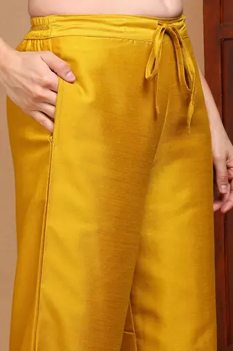 mustard color embroidered silk blend styles kurta palazzo with dupatta