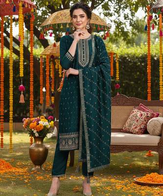 green color embroidered silk blend styles kurta palazzo with dupatta 1