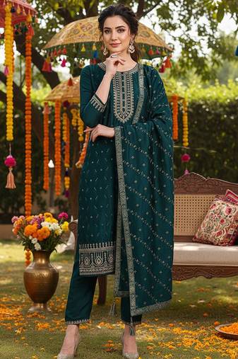 green color embroidered silk blend styles kurta palazzo with dupatta