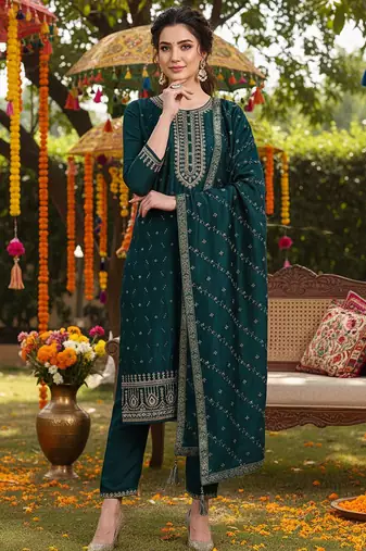 green color embroidered silk blend styles kurta palazzo with dupatta