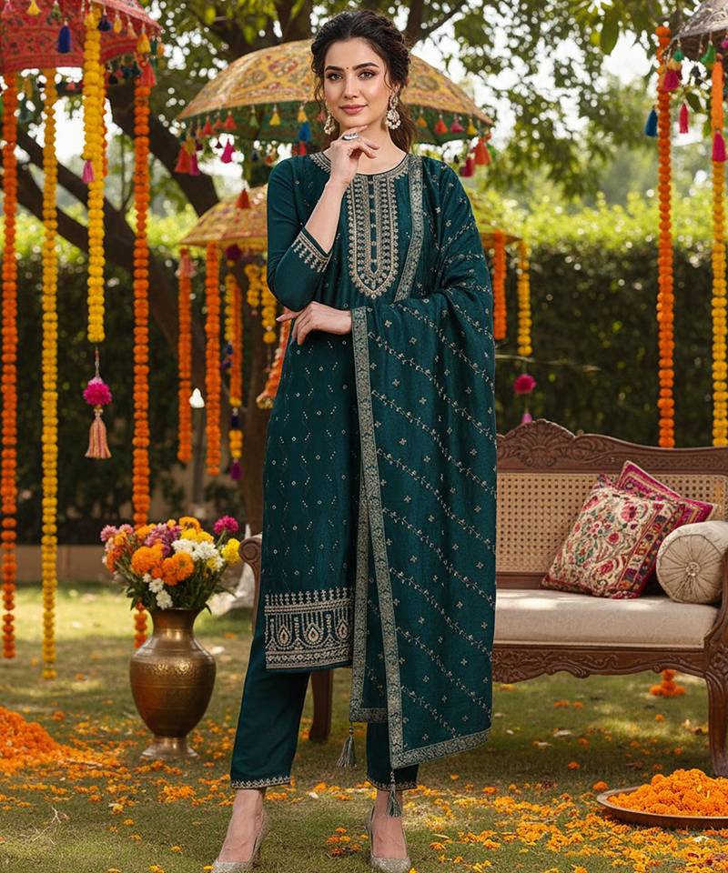 green color embroidered silk blend styles kurta palazzo with dupatta