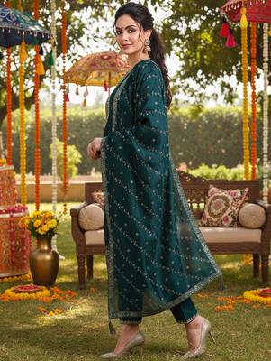 green color embroidered silk blend styles kurta palazzo with dupatta 2