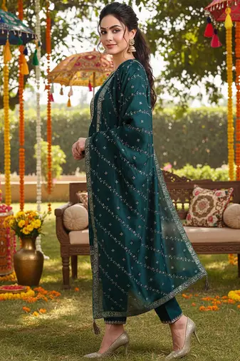 green color embroidered silk blend styles kurta palazzo with dupatta