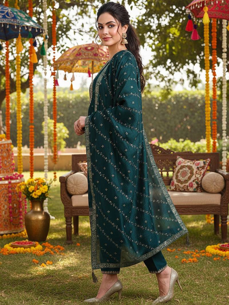 green color embroidered silk blend styles kurta palazzo with dupatta