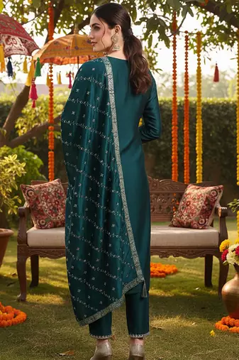 green color embroidered silk blend styles kurta palazzo with dupatta