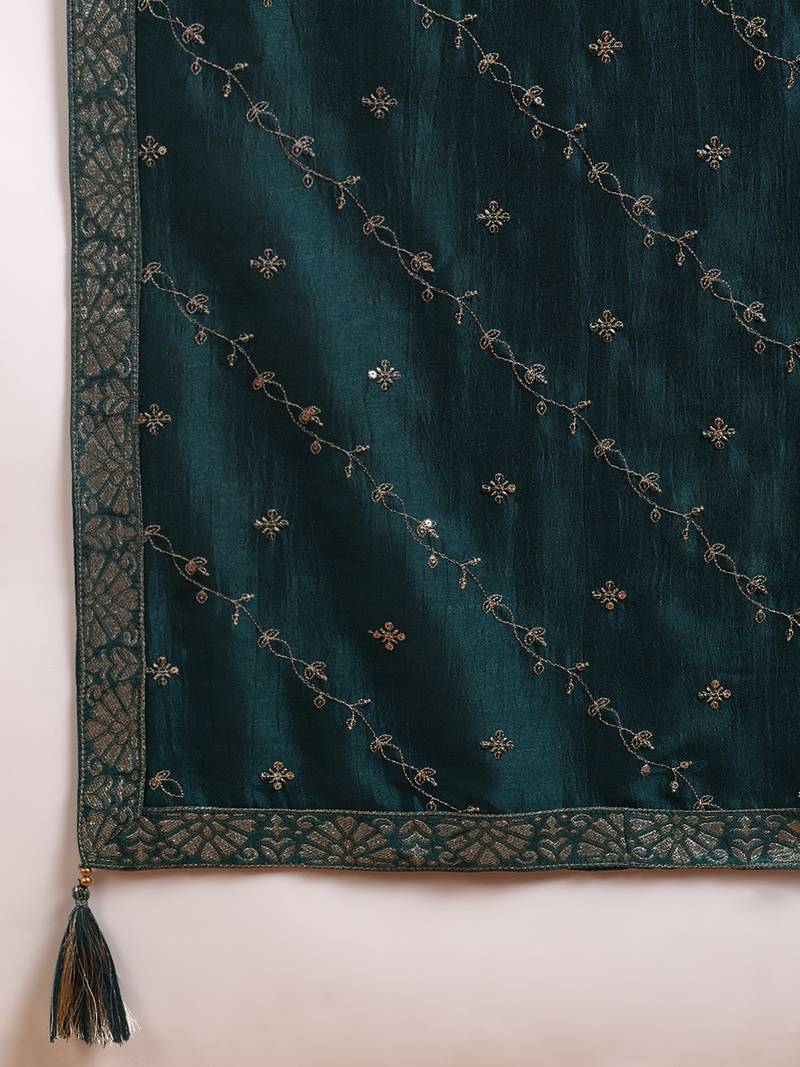 green color embroidered silk blend styles kurta palazzo with dupatta
