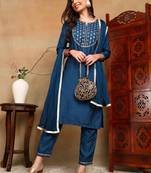 blue color embroidered silk blend styles kurta trouser with dupatta