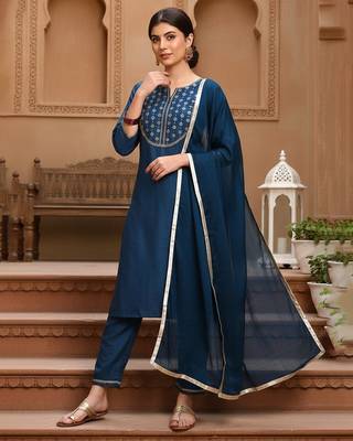 blue color embroidered silk blend styles kurta trouser with dupatta 1