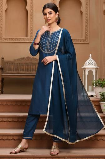 blue color embroidered silk blend styles kurta trouser with dupatta