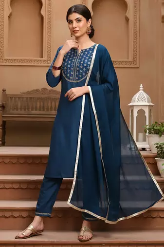 blue color embroidered silk blend styles kurta trouser with dupatta