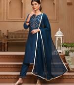 blue color embroidered silk blend styles kurta trouser with dupatta
