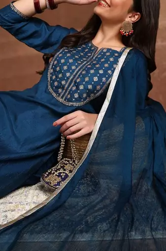 blue color embroidered silk blend styles kurta trouser with dupatta