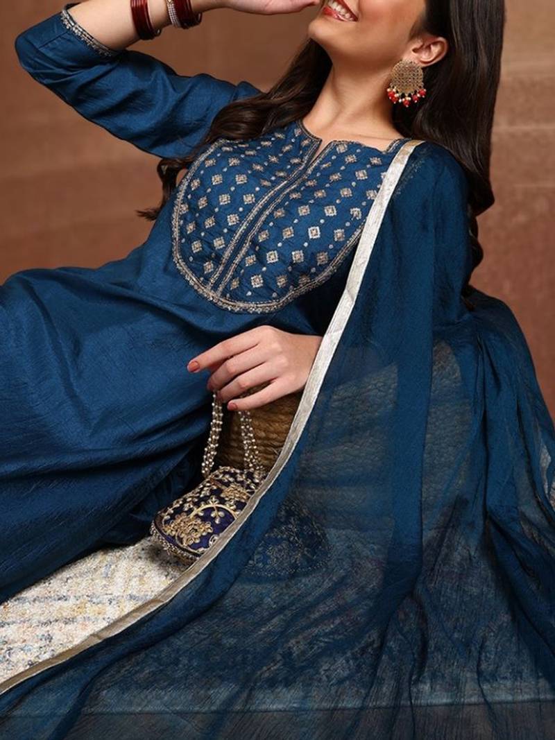 blue color embroidered silk blend styles kurta trouser with dupatta