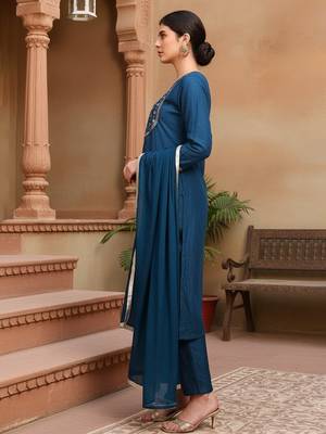 blue color embroidered silk blend styles kurta trouser with dupatta 3