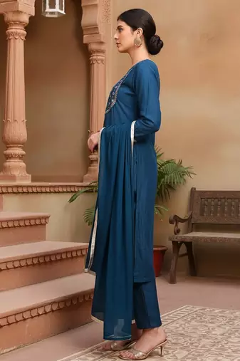 blue color embroidered silk blend styles kurta trouser with dupatta