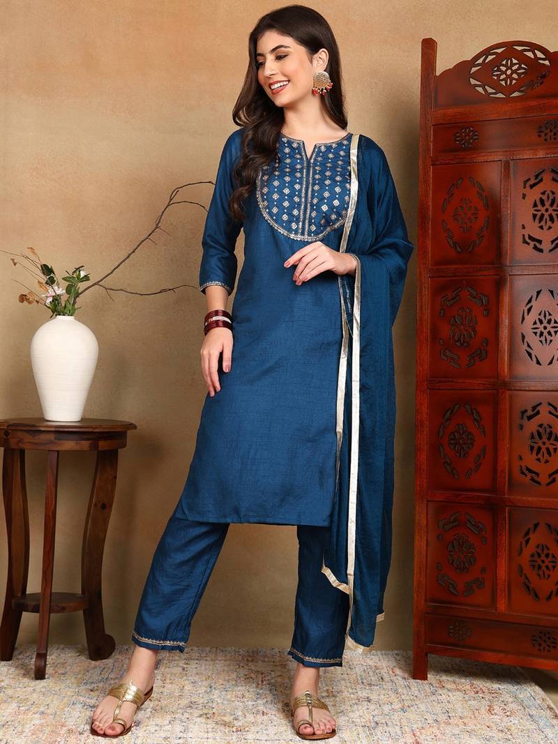 blue color embroidered silk blend styles kurta trouser with dupatta