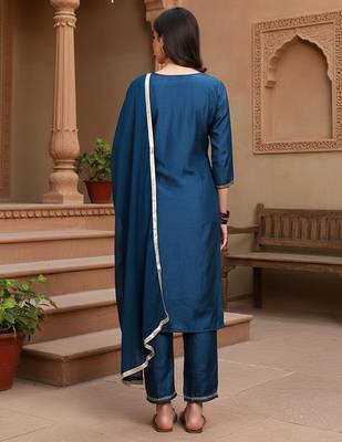 blue color embroidered silk blend styles kurta trouser with dupatta 4