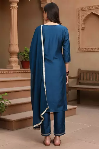 blue color embroidered silk blend styles kurta trouser with dupatta