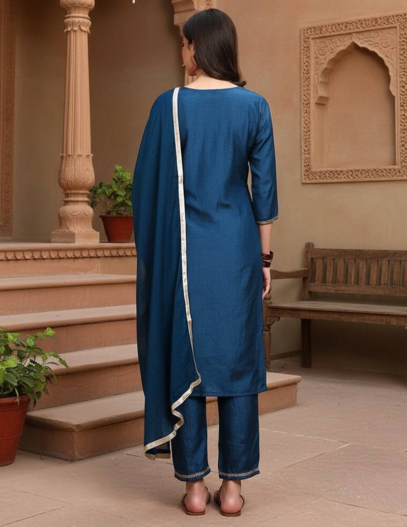 blue color embroidered silk blend styles kurta trouser with dupatta