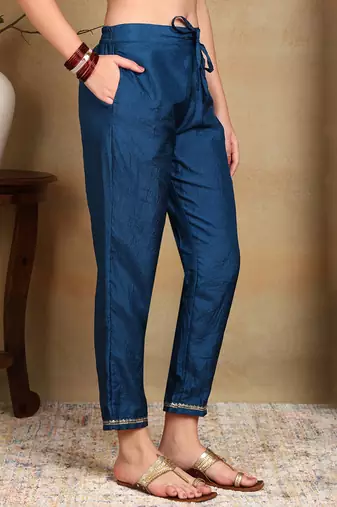 blue color embroidered silk blend styles kurta trouser with dupatta