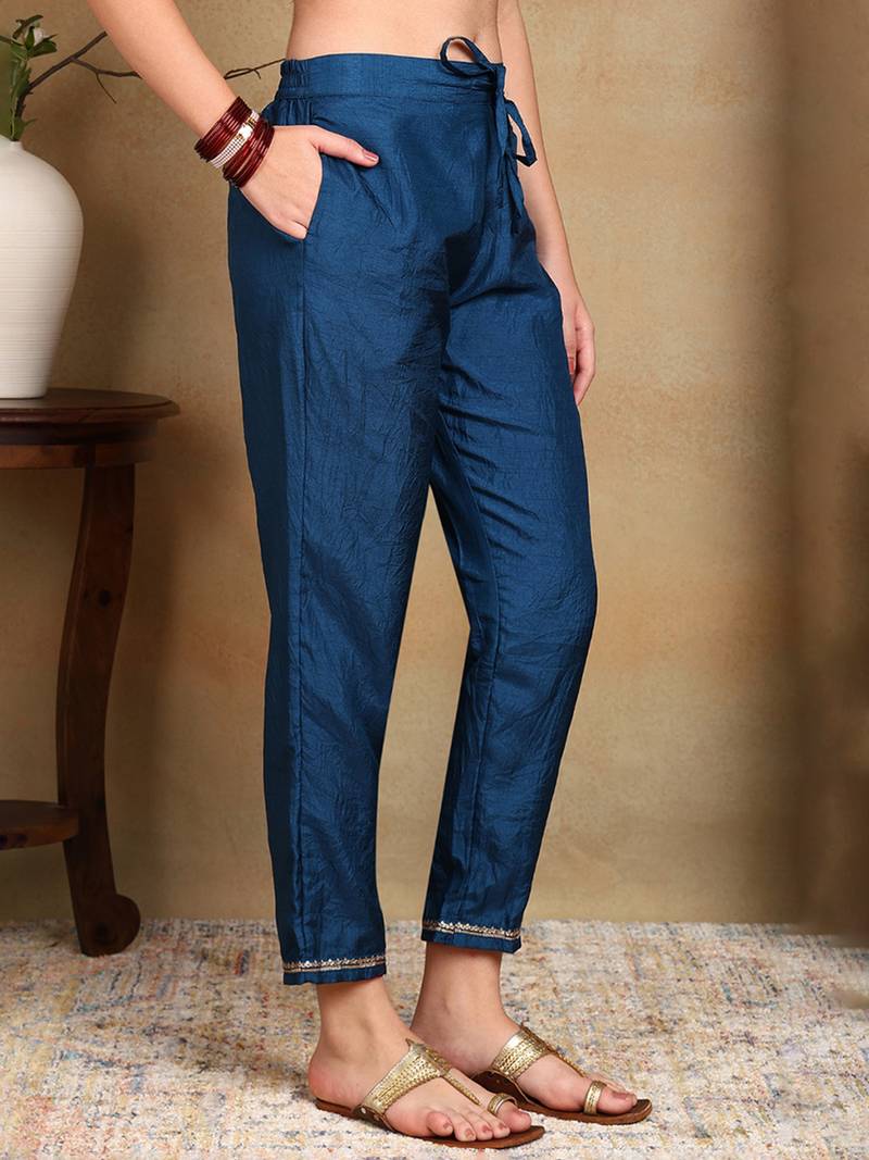 blue color embroidered silk blend styles kurta trouser with dupatta