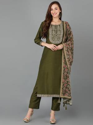 olive color embroidered silk blend styles kurta trouser with dupatta 1