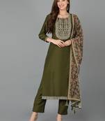 olive color embroidered silk blend styles kurta trouser with dupatta