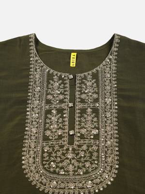 olive color embroidered silk blend styles kurta trouser with dupatta 2