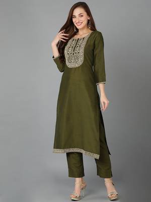 olive color embroidered silk blend styles kurta trouser with dupatta 3