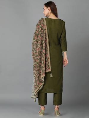 olive color embroidered silk blend styles kurta trouser with dupatta 4