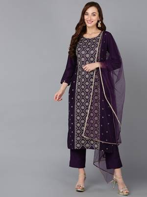 purple color embroidered silk blend styles kurta trouser with dupatta 1