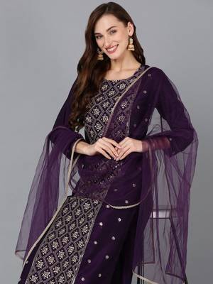purple color embroidered silk blend styles kurta trouser with dupatta 2