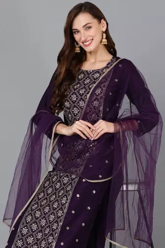 purple color embroidered silk blend styles kurta trouser with dupatta