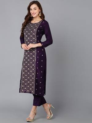 purple color embroidered silk blend styles kurta trouser with dupatta 3