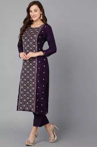 purple color embroidered silk blend styles kurta trouser with dupatta