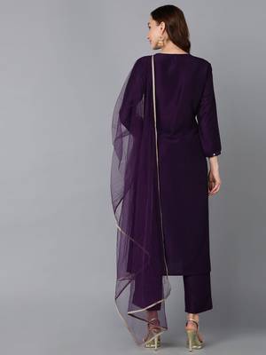 purple color embroidered silk blend styles kurta trouser with dupatta 4