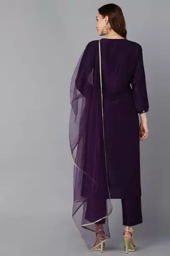 purple color embroidered silk blend styles kurta trouser with dupatta