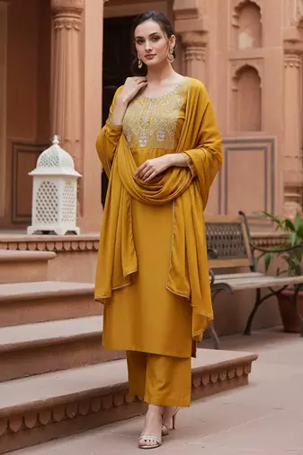 mustard color embroidered silk blend styles kurta palazzo with dupatta