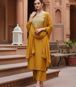 mustard color embroidered silk blend styles kurta palazzo with dupatta