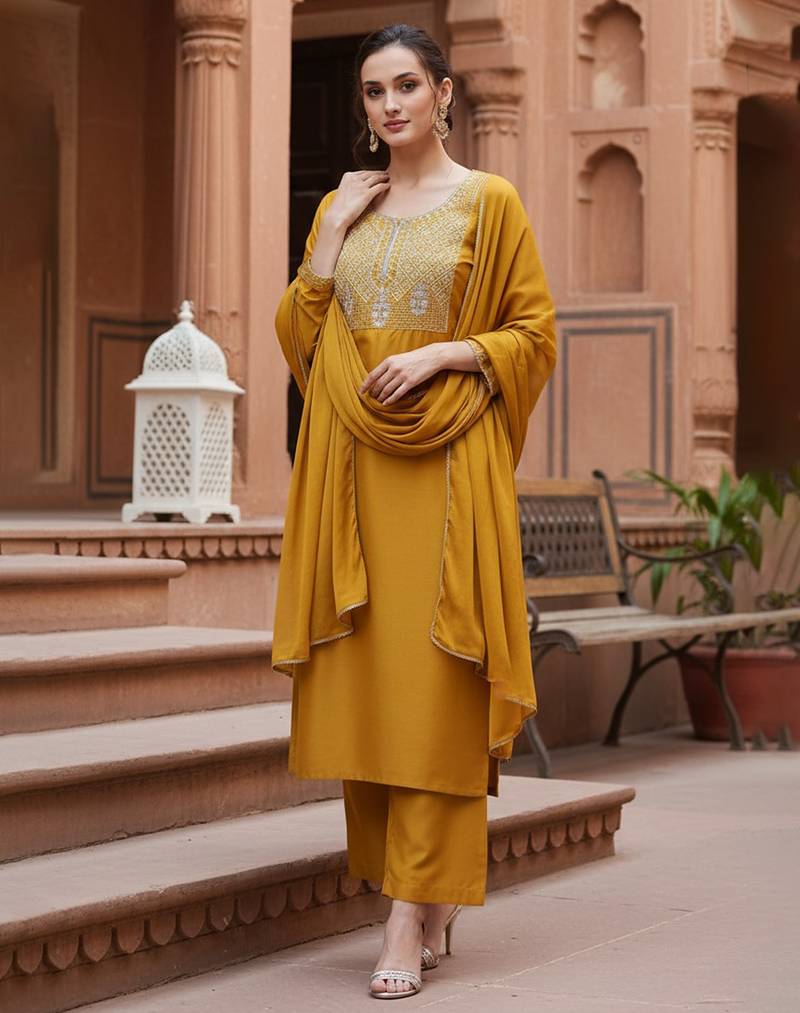 mustard color embroidered silk blend styles kurta palazzo with dupatta