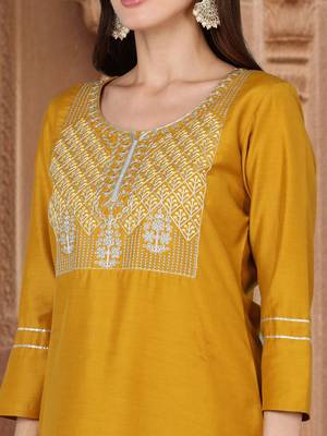 mustard color embroidered silk blend styles kurta palazzo with dupatta 2