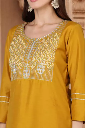 mustard color embroidered silk blend styles kurta palazzo with dupatta