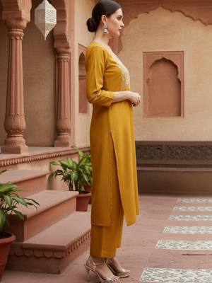 mustard color embroidered silk blend styles kurta palazzo with dupatta 3