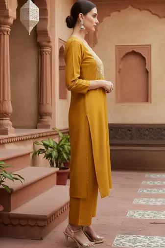 mustard color embroidered silk blend styles kurta palazzo with dupatta
