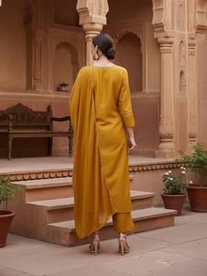 mustard color embroidered silk blend styles kurta palazzo with dupatta 4