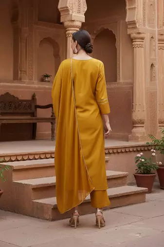 mustard color embroidered silk blend styles kurta palazzo with dupatta
