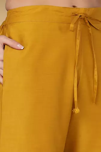 mustard color embroidered silk blend styles kurta palazzo with dupatta