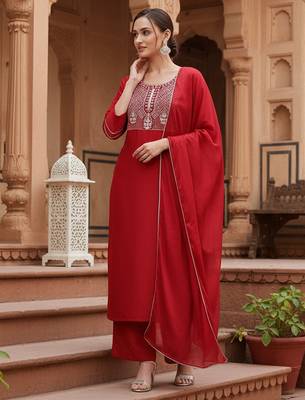 red color embroidered silk blend styles kurta palazzo with dupatta 1